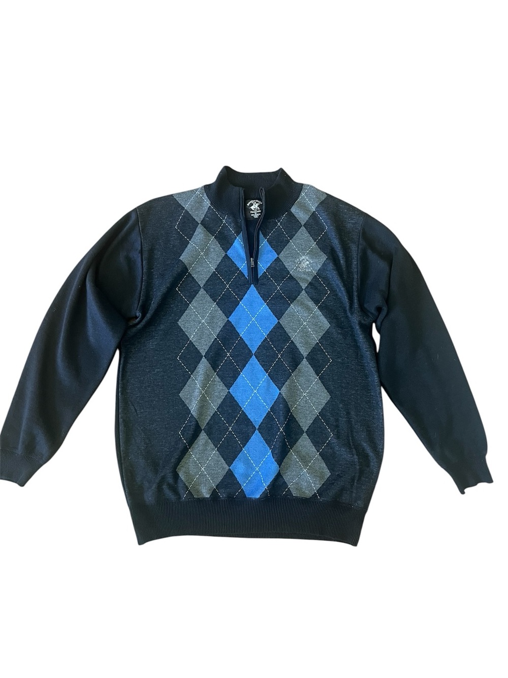 Men's Beverly Hills Polo Club Black Argyle Half-Zip Sweater with Blue Accents